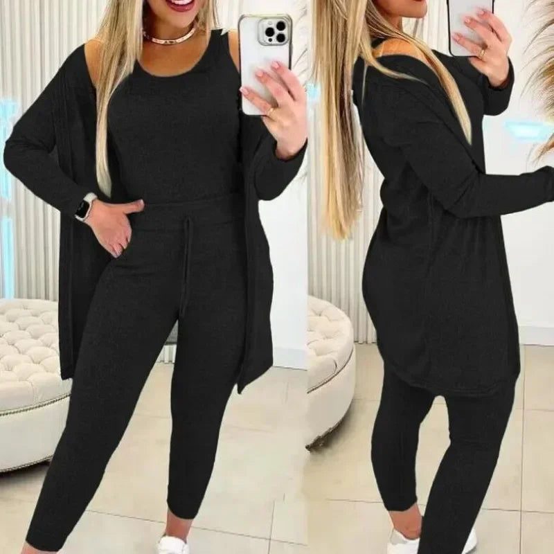 Ensemble trois pièces pour femmes, Cardigan, haut et pantalon, couleur unie, Simple, mode voyage, rue, été 2024