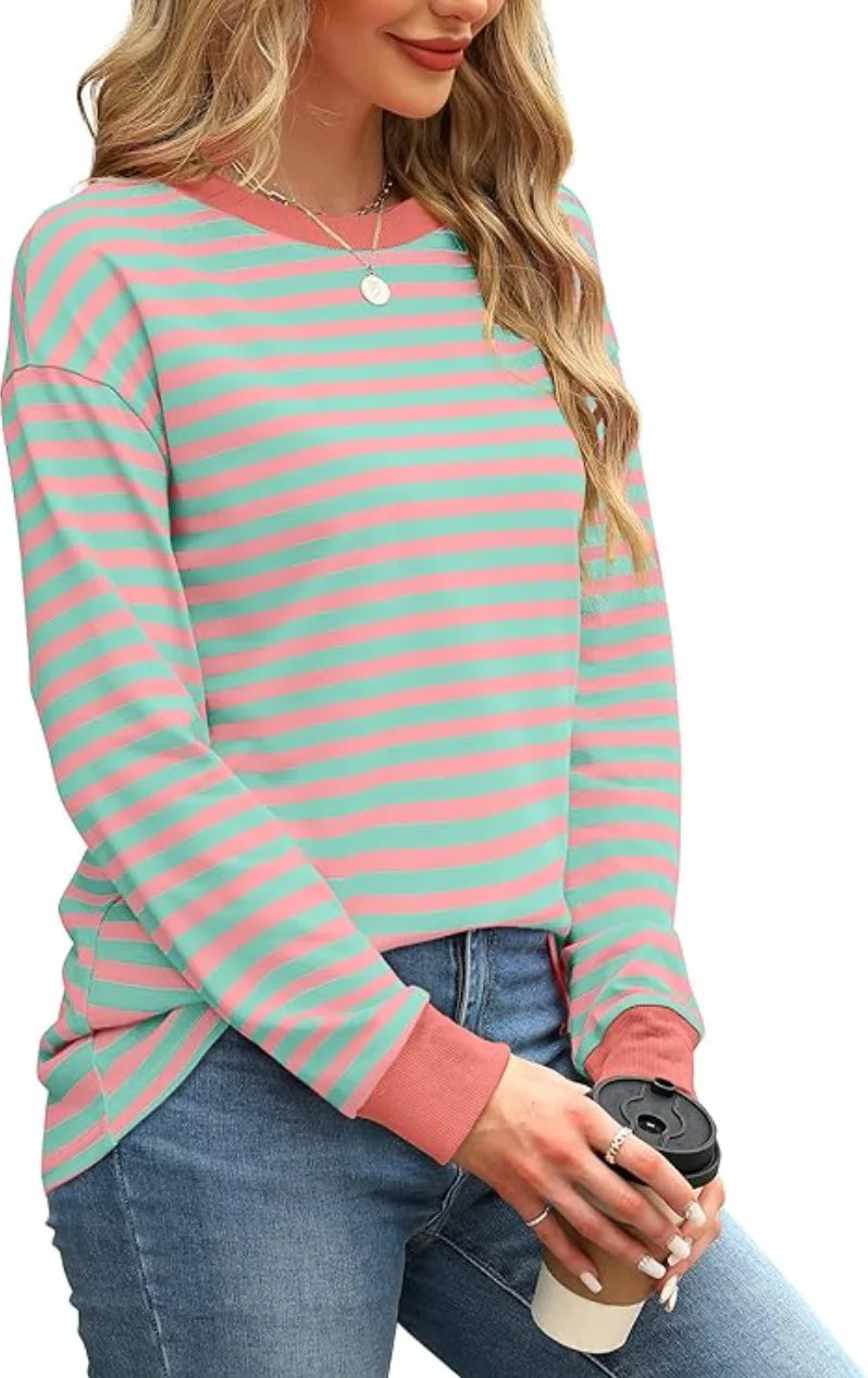 2025 Spring Women's Striped T-shirt Long Sleeve O-neck Color-blocking Fashion Top Versatile College Casual Street Tees