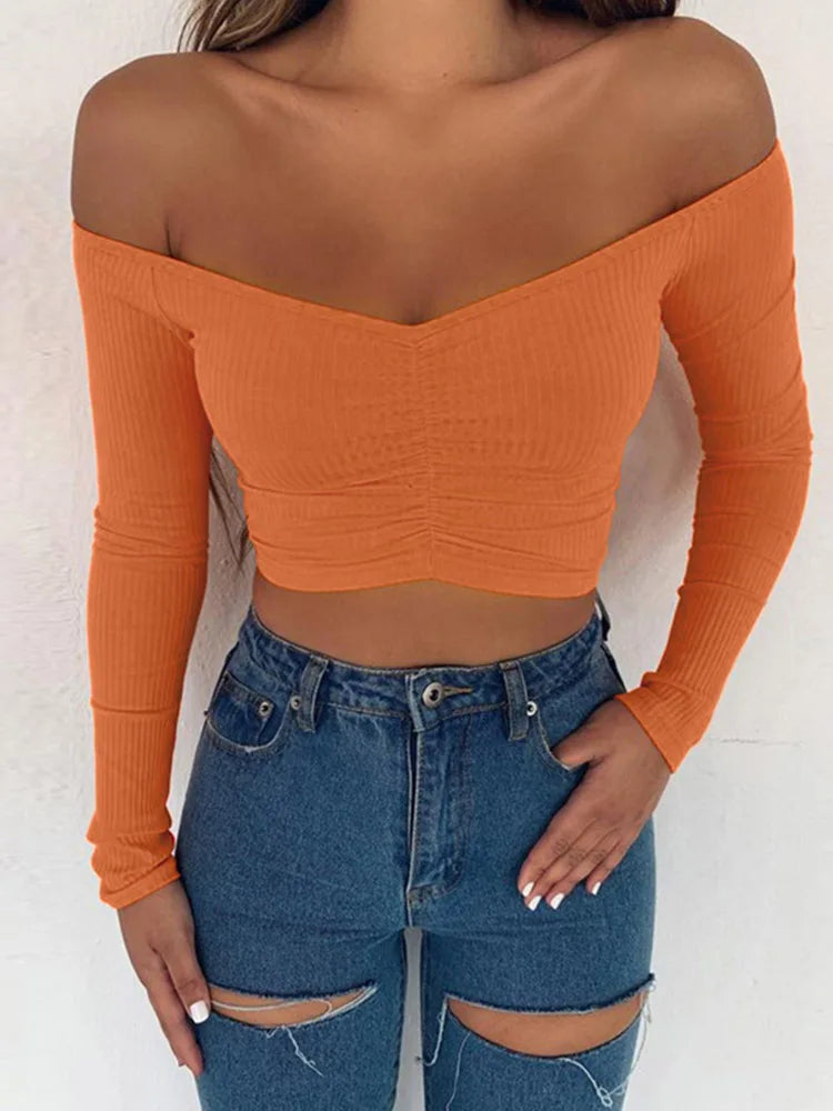 Women's Sexy Club Fashion T-Shirts Long Sleeve Off-Shoulder Solid Color Ladies T-shirts Autumn Basic Tees