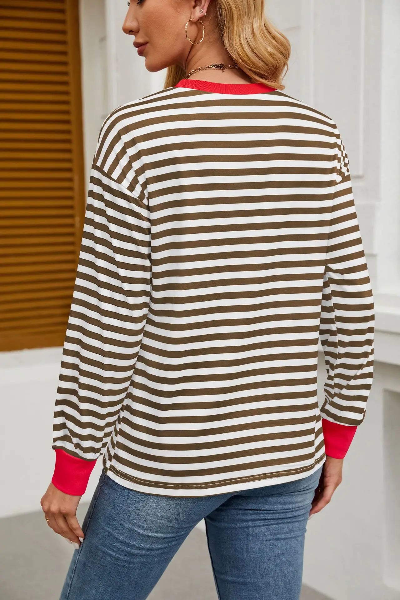 2025 Spring Women's Striped T-shirt Long Sleeve O-neck Color-blocking Fashion Top Versatile College Casual Street Tees