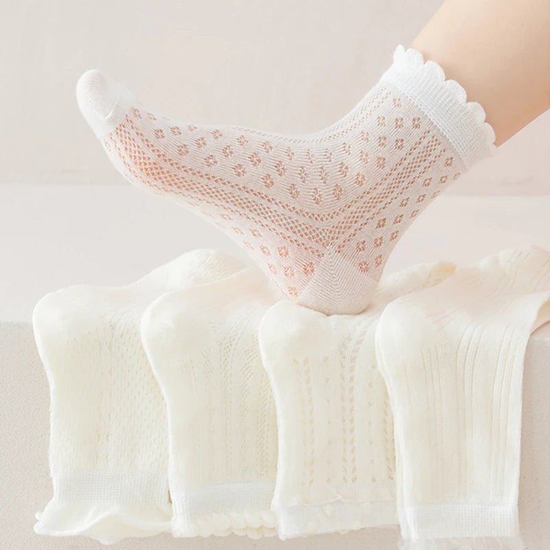 5 Pairs Color Solid Mesh Children Gils Mid-calf Socks Concise Trendy Casual Breathable Cotton Combed Cozy Soft Elastic Kids Sock