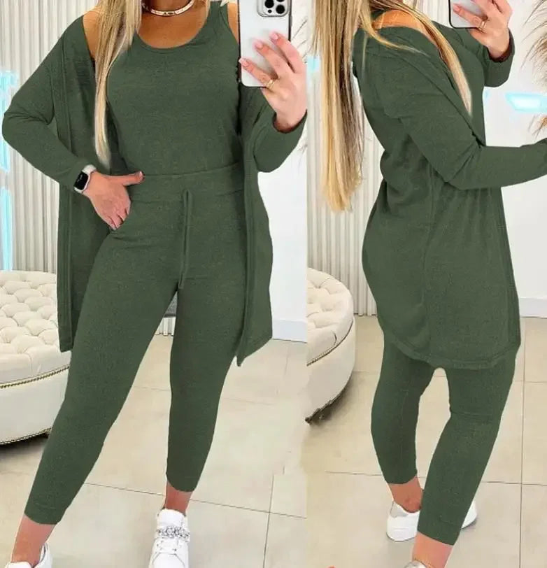 Ensemble trois pièces pour femmes, Cardigan, haut et pantalon, couleur unie, Simple, mode voyage, rue, été 2024