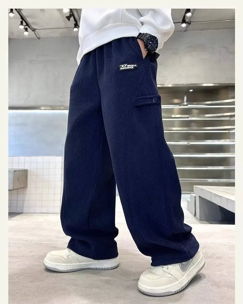 2025 Boys Causal Pants Kids Autumn Loose Warm Sports Pants 120-170 Navy Blue Trousers for Children Spring Kids Clothing New