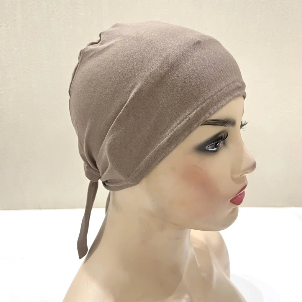 H048 Plain Cotton tie back hats Muslim Turban Pure Color Stretch Inner Hijabs underscarf Women Head Scarf Under Hijab Bonnet