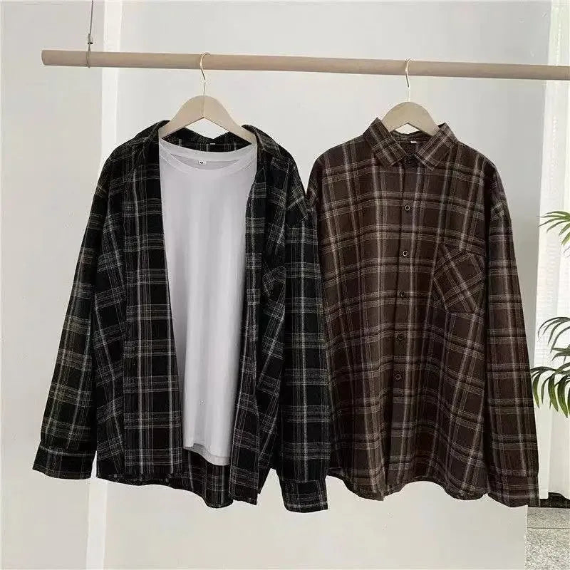 Women's Plaid Long-Sleeve Shirt, Retro Style, Loose Fit, Korean Version, Spring Wear, Student Jacket