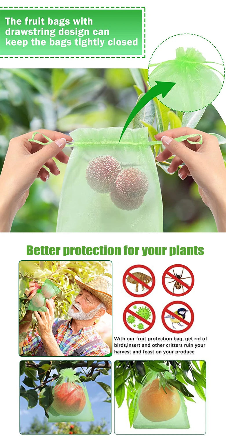 20-100pcs Strawberry Grapes Fruit Grow Bags Netting Mesh Vegetable Plant Protection Bags For Pest Control Anti-Bird Garden Tools
