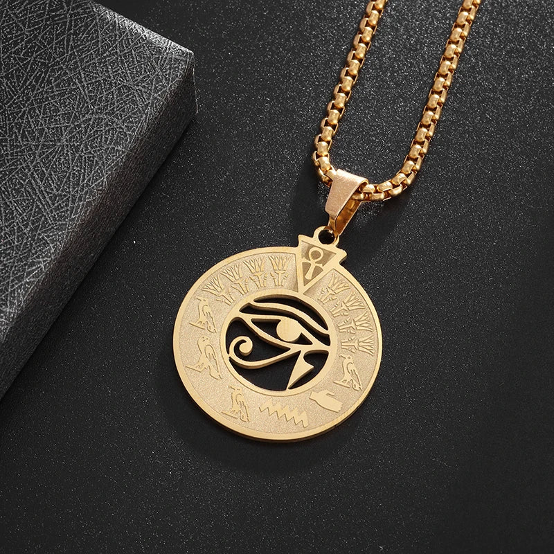 Ancient Egyptian Pharaoh Life Anka Cross Stainless Steel Necklace Anubis Totem Pendant Men\'s Amulet Jewelry Leather Rope Chain