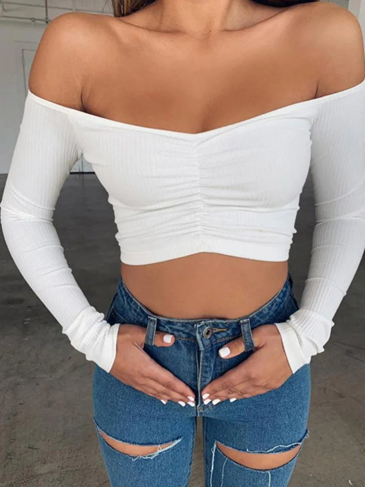 Women's Sexy Club Fashion T-Shirts Long Sleeve Off-Shoulder Solid Color Ladies T-shirts Autumn Basic Tees
