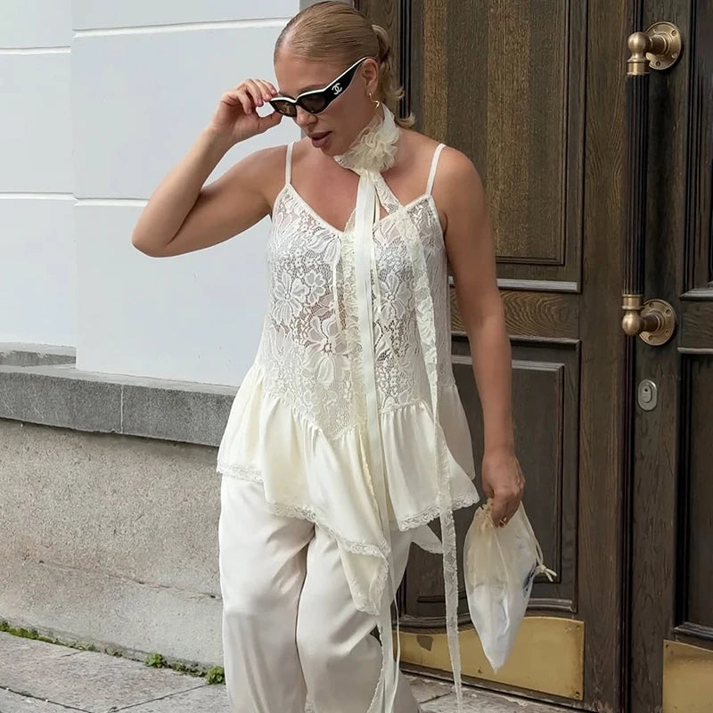 Tornova Lace Splice Sling Vest T-shirt Lady Irregular See Through Sexy Top V-neck Hot Girl Casual Party Commuting Tanks Fashion