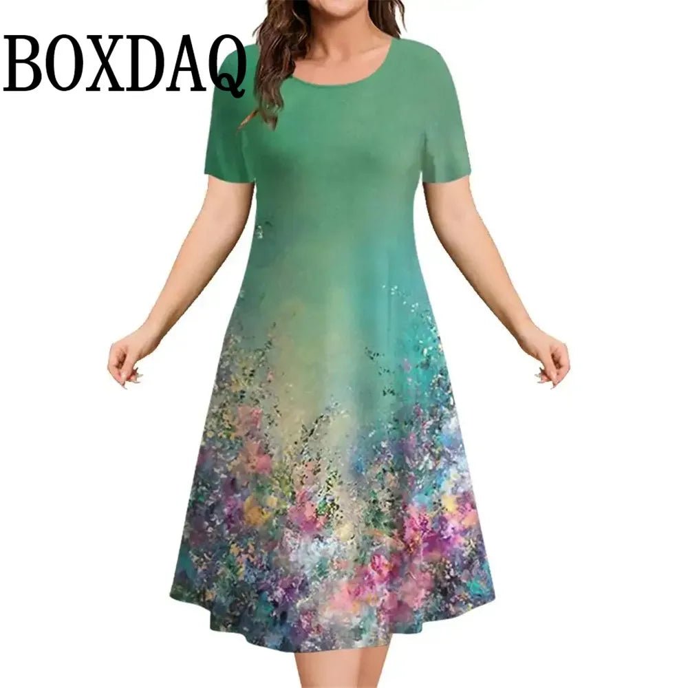 2025 New Women‘s Dresses 3D Flowers Pattern Print Short Sleeve Loose Dress Casual Fashion A-Line Dress Summer Plus Size Dresses