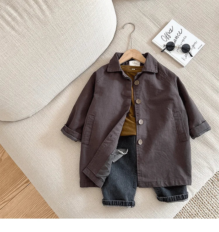 Kids Boys Girls Thin Jacket Coats 2025 New Arrival Children Csual Long Windbreaker Apricot Coffee Navy Spring Autumn Cotton Tops