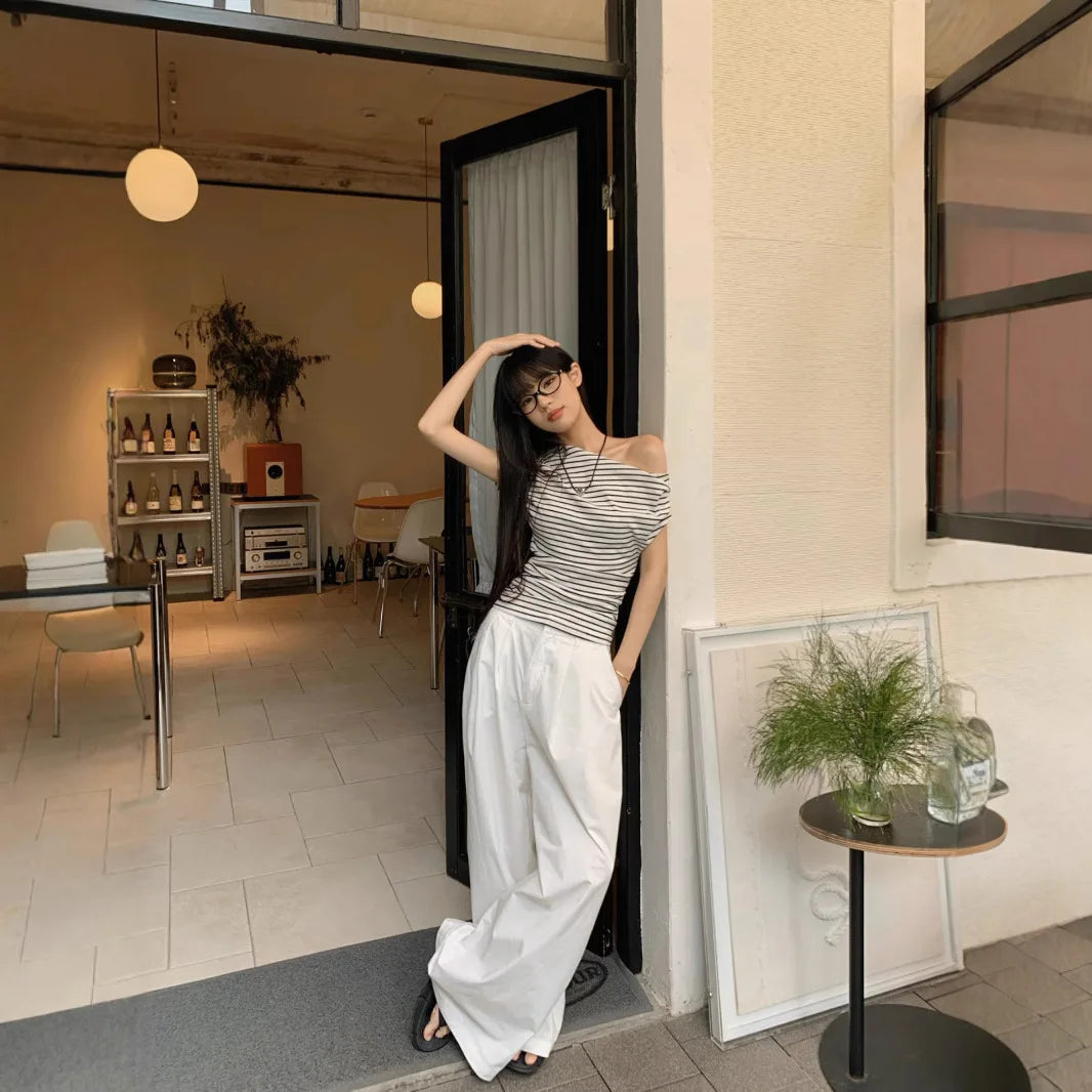 2026 Summer Striped Sexy T-shirt Women Slim Skinny Short Sleeve Y2K Korean Fashion Japanese Tee Shirt Woman Crop Tops Clothes