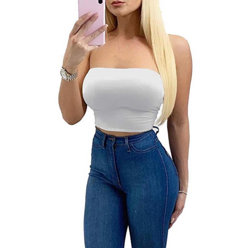 Club Bar Women Sexy Solid Color Vest Strapless Cropped Mini Bustier Slim Elastic Tube Top
