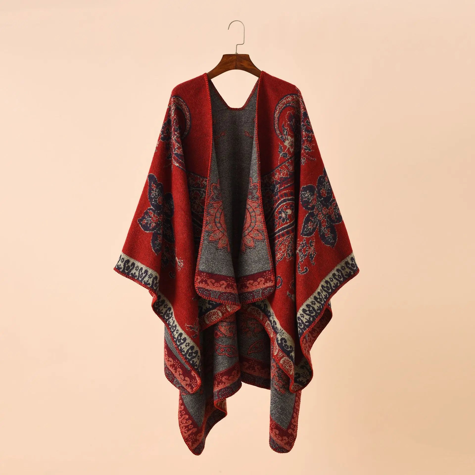 2025 Autumn Winter New Street Geometric Lattice Flower Pattern Imitation Cashmere Warm Shawl Cloak Women Poncho Capes Red
