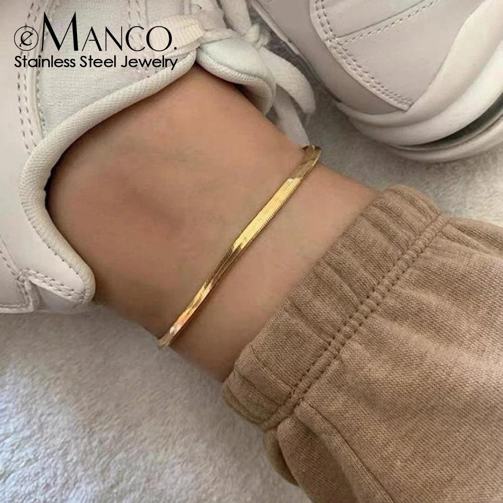 eManco Stainless Steel Flat Snake Chain Anklet 14K Gold Minimalist Ankle Bracelet Women Beach Daily Summer Jewelry Gifts