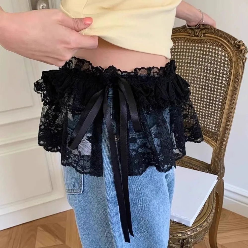 New Embroidered Flower Lace Mini Skirt See Through Y2K Streetwear Ruched Skirts Harajuku Butt Curtain Jeans Decoration