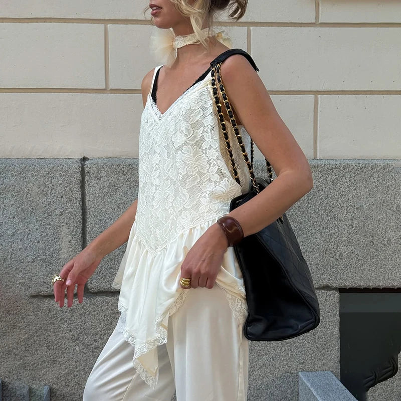 Tornova Lace Splice Sling Vest T-shirt Lady Irregular See Through Sexy Top V-neck Hot Girl Casual Party Commuting Tanks Fashion