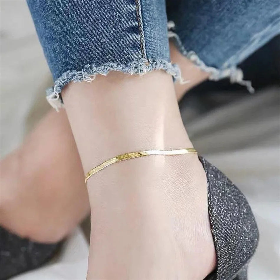 eManco Stainless Steel Flat Snake Chain Anklet 14K Gold Minimalist Ankle Bracelet Women Beach Daily Summer Jewelry Gifts