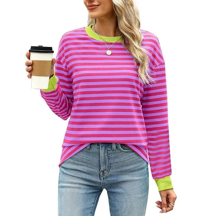 2025 Spring Women's Striped T-shirt Long Sleeve O-neck Color-blocking Fashion Top Versatile College Casual Street Tees