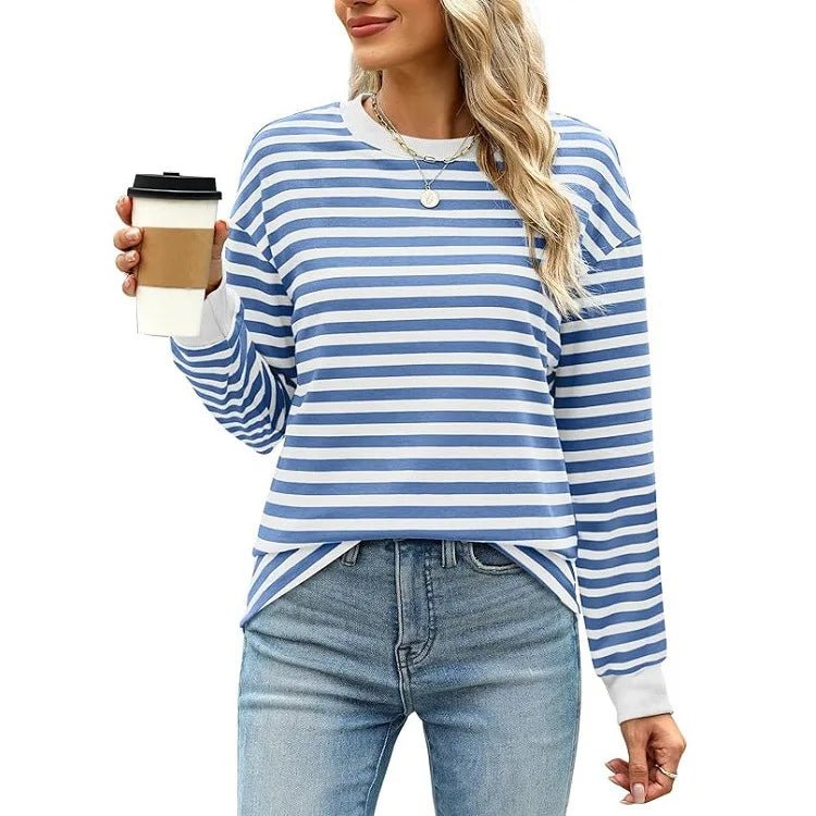 2025 Spring Women's Striped T-shirt Long Sleeve O-neck Color-blocking Fashion Top Versatile College Casual Street Tees