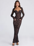 Mozision Lace Long Sleeve Sexy Maxi Dress Women Elegant Square Collar Strapless Backless Split Bodycon Club Party Long Dress