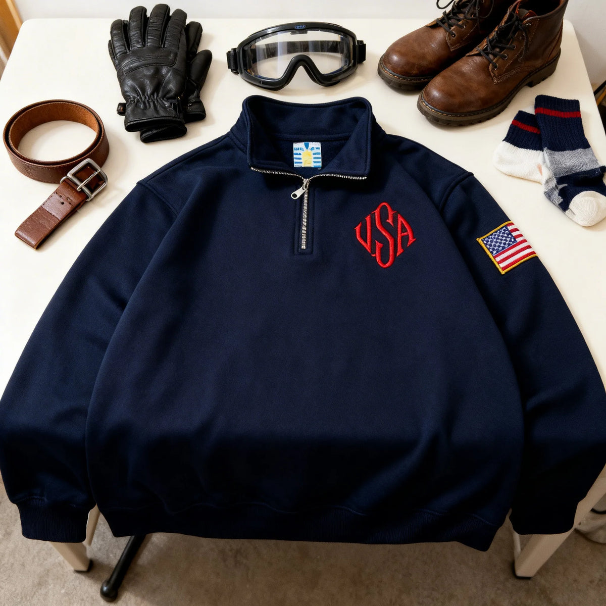 Sweat-shirt Vintage USA Zippé – Bleu Marine