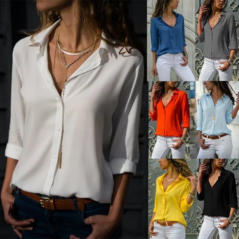 Oversized S-8XL Loose Chiffon Blouse Shirts Summer Women Turn-Down Collar Long Sleeve Solid Color OL Button Blouse Tops ARJ-196Y