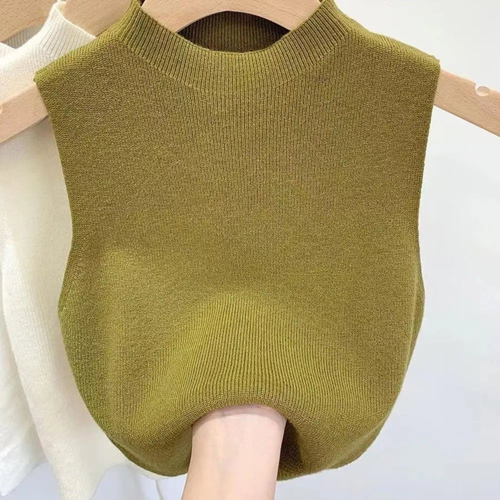 Hot Women's Vest Knitted Tank Top Solid Color Slim Sweater Half-turtleneck Spring Autumn Sleeveless T-Shirt Cropped Top Camisole