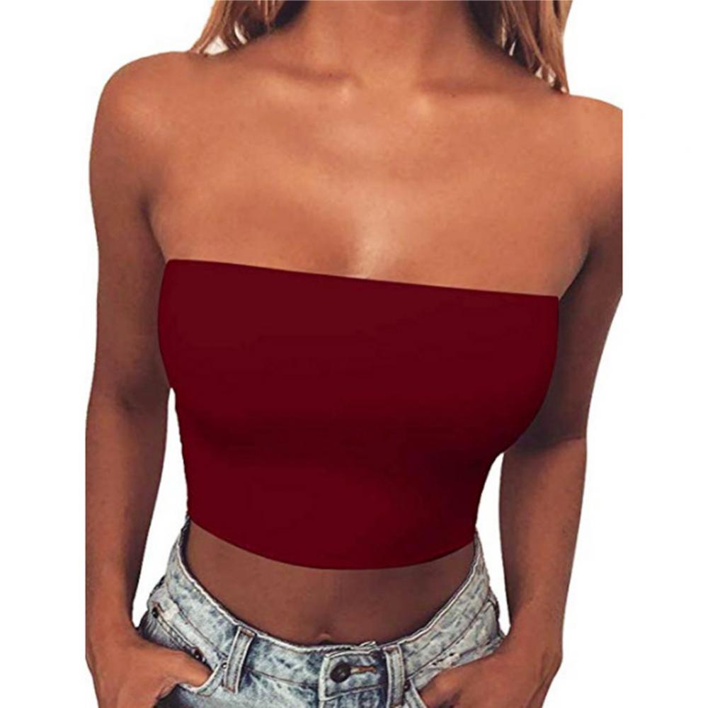 Club Bar Women Sexy Solid Color Vest Strapless Cropped Mini Bustier Slim Elastic Tube Top