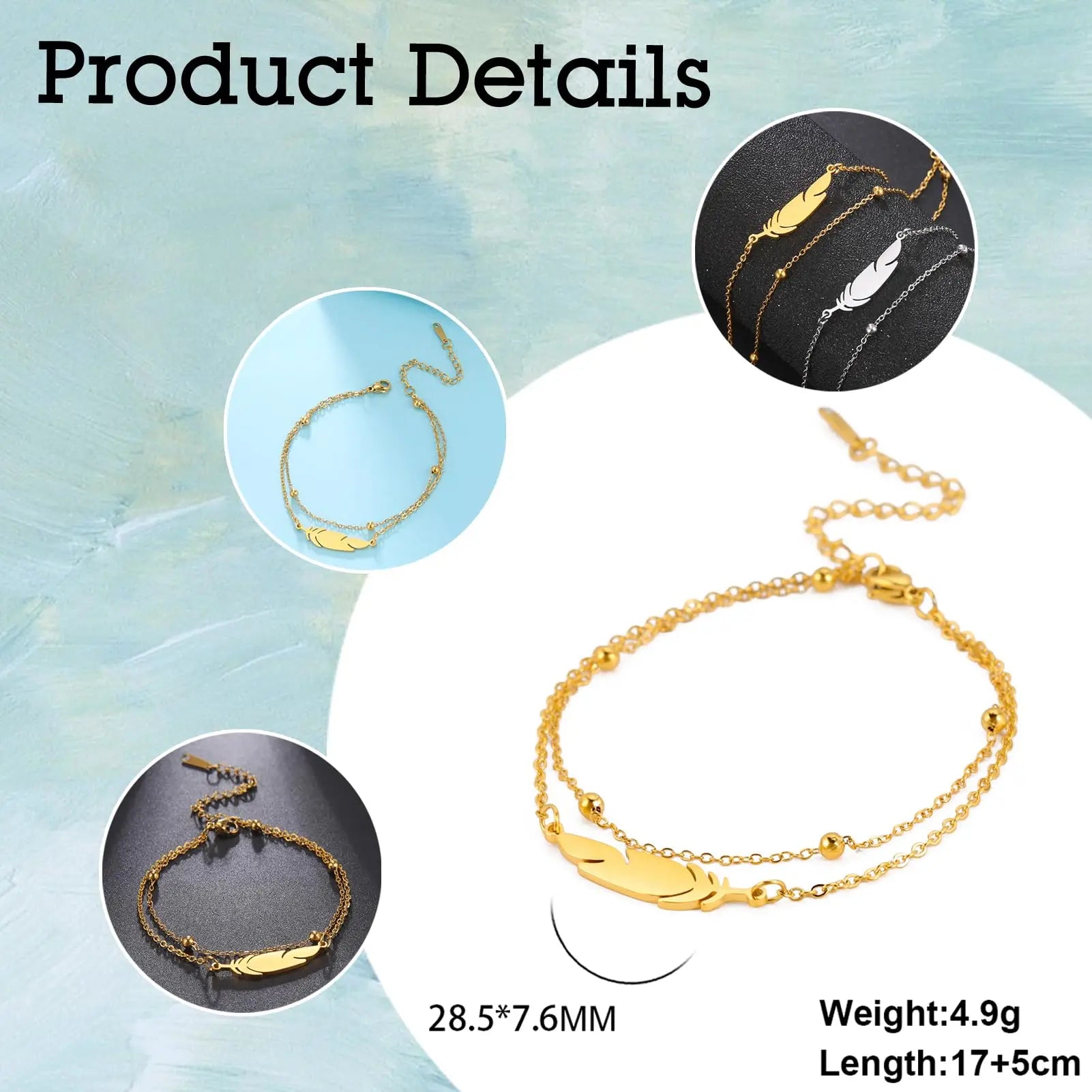 Dreamtimes  Anklets Women's Foot Chain  Feather Stainless Steel Double Foot Chain Beach Style Boho Anklet Jewellery Accessories