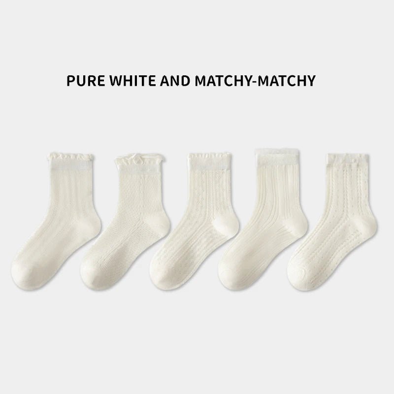 5 Pairs Color Solid Mesh Children Gils Mid-calf Socks Concise Trendy Casual Breathable Cotton Combed Cozy Soft Elastic Kids Sock