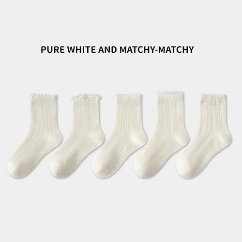 5 Pairs Color Solid Mesh Children Gils Mid-calf Socks Concise Trendy Casual Breathable Cotton Combed Cozy Soft Elastic Kids Sock