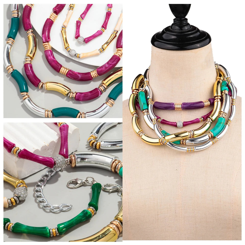Boho Acrylic Bamboo Curved Tube Stackable Necklaces Bracelet for Women Men HipHop Resin Elbow Beads Choker Necklace 2024 Jewelry
