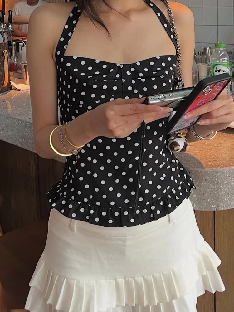 Polka Dot Print Tops Women Halter Low-Neck Bandage Ruffles Backless Sleeveless Skinny Fashion Street Versatile Vest 2026