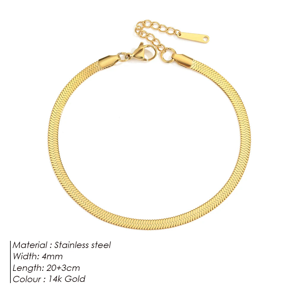 eManco Stainless Steel Flat Snake Chain Anklet 14K Gold Minimalist Ankle Bracelet Women Beach Daily Summer Jewelry Gifts