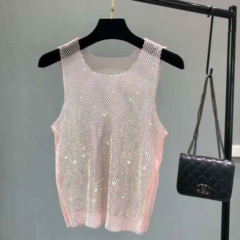 Débardeur brillant avec perles de cristal, Club de fête, Sexy, ajouré, diamants estampage, Camis Winky, gilet sans manches