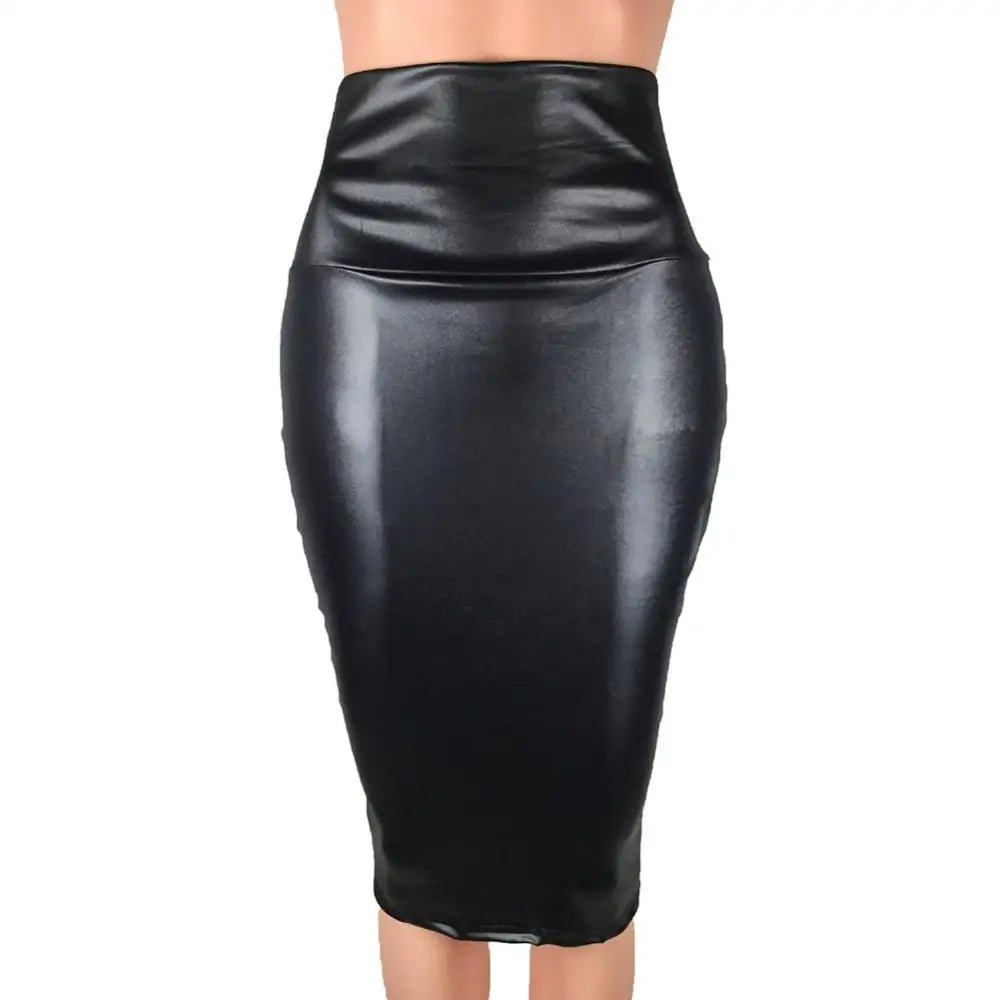Fashion Elegant High Waist Split Faux Leather Skirt Women Knee Length Bodycon Pencil Skirt
