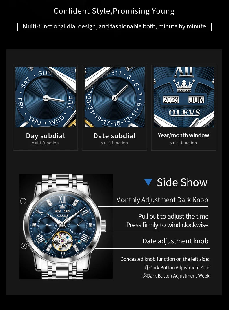 OLEVS montres pour hommes Skeketon volant automatique mécanique montre-bracelet originale pour homme étanche lumineux calendrier perpétuel
