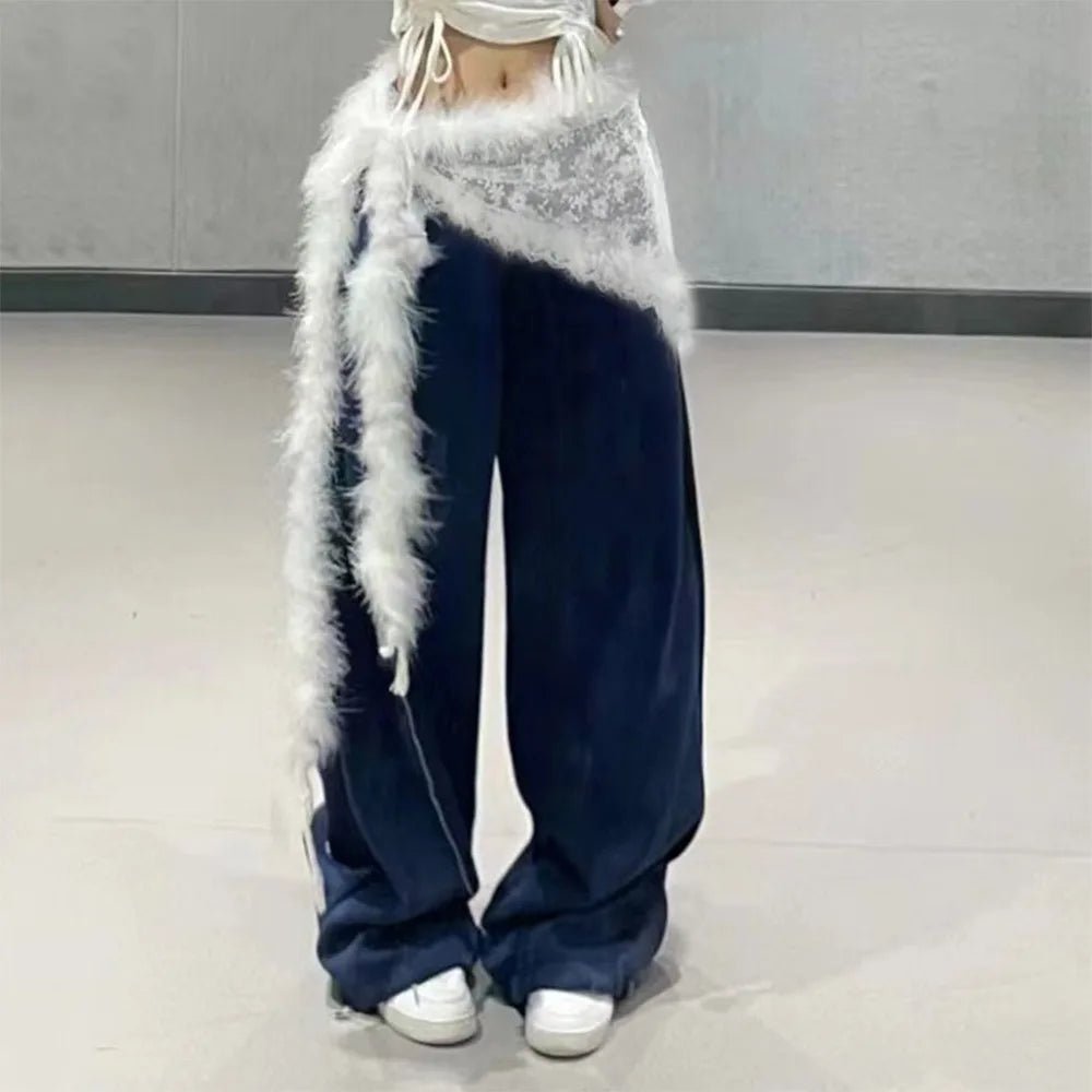 Jeans Pants Decor Embroidered Flower Lace Mini Skirt Irregular See Through Ruched Skirts High Waist Harajuku Pleated Skirts