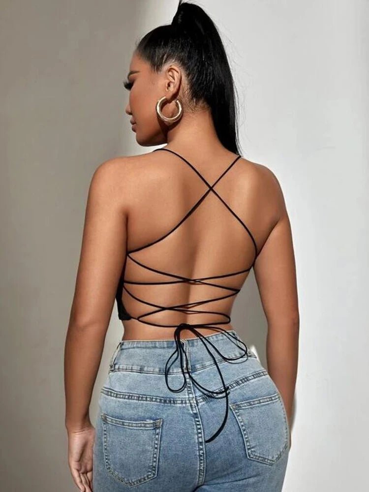 Summer New SXY Backless Lace Up Crop Cami Top