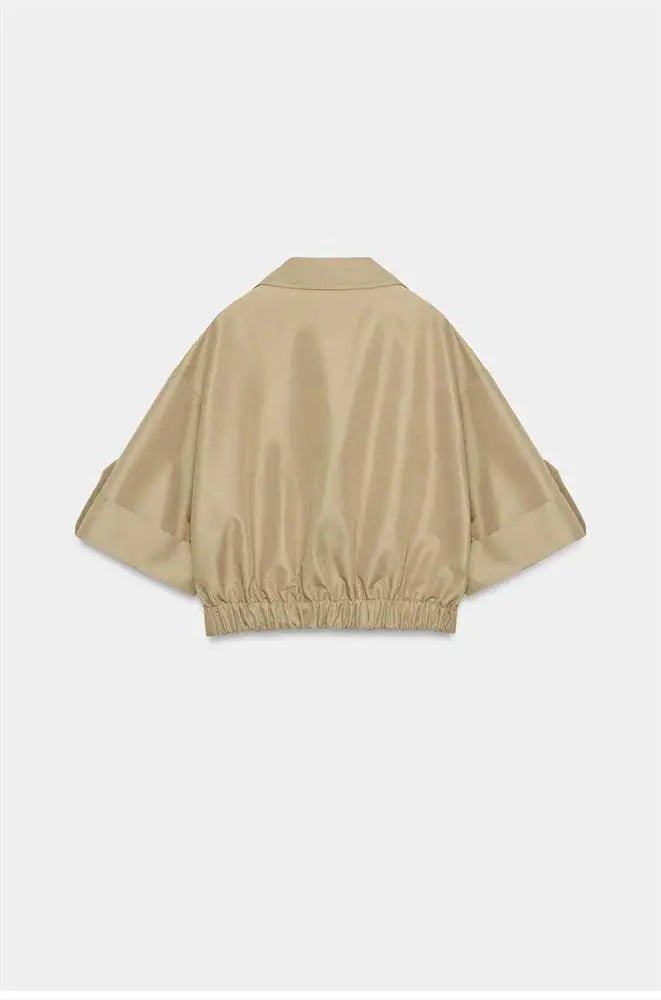 Short A-Line Windbreaker with Cuffed Sleeves Double-Breasted Closure Back Elastic Band Detail Polyester Cotton Blend ...