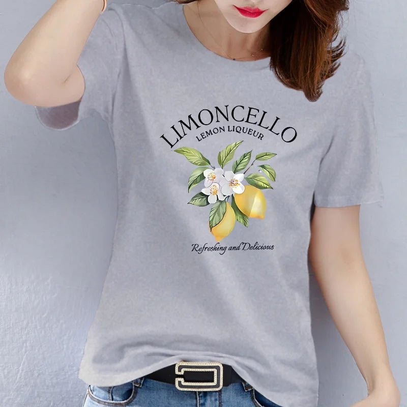 Europe and The United States Summer Short-sleeved Round Neck American Lemon Pattern Printed T-shirt Woman Graphic polyester