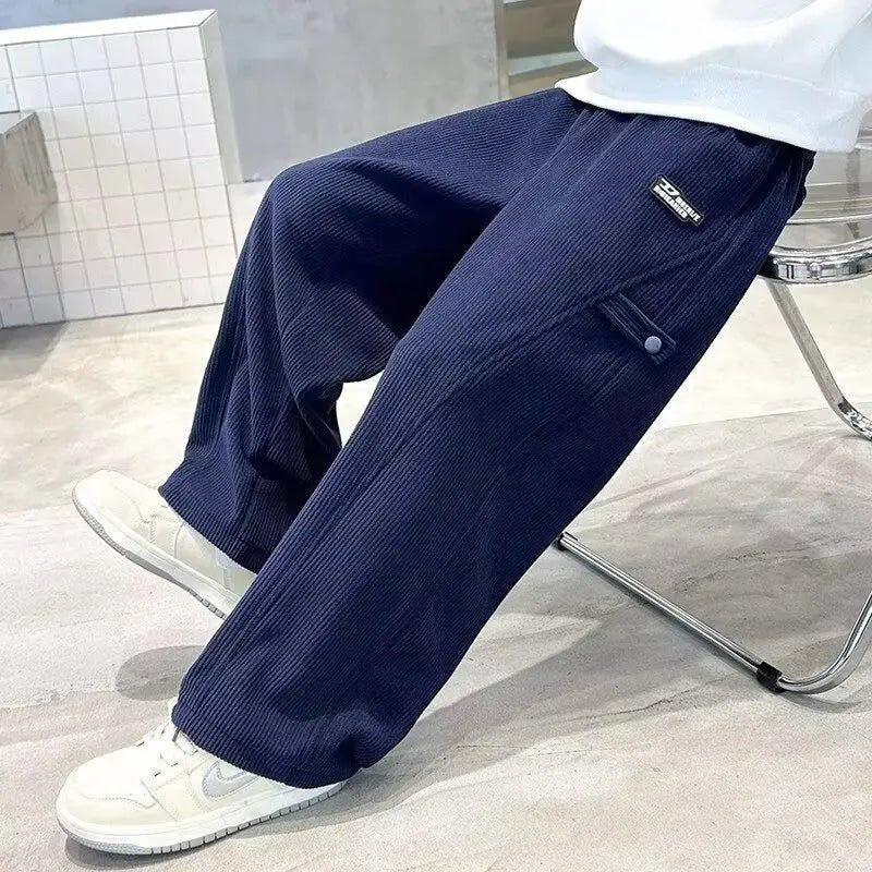 2025 Boys Causal Pants Kids Autumn Loose Warm Sports Pants 120-170 Navy Blue Trousers for Children Spring Kids Clothing New