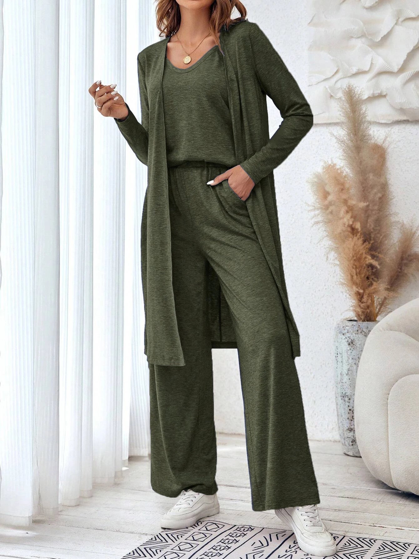 Cardigan ample à col en V et pantalon à jambe droite pour femmes, gilet décontracté, ensemble de 3 pièces, nouvelle mode, automne