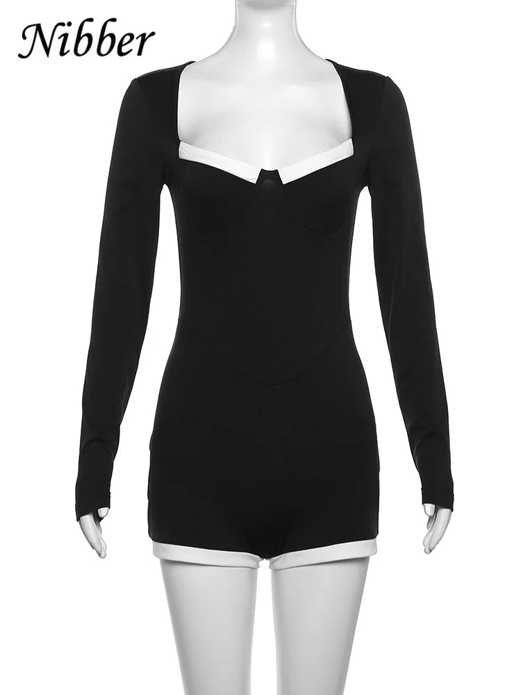 Nibber Concise Patchwork Playsuit Women Autumn Skinny Stretch Square Collar Long Sleeve Romper Female Streetwear Overalls