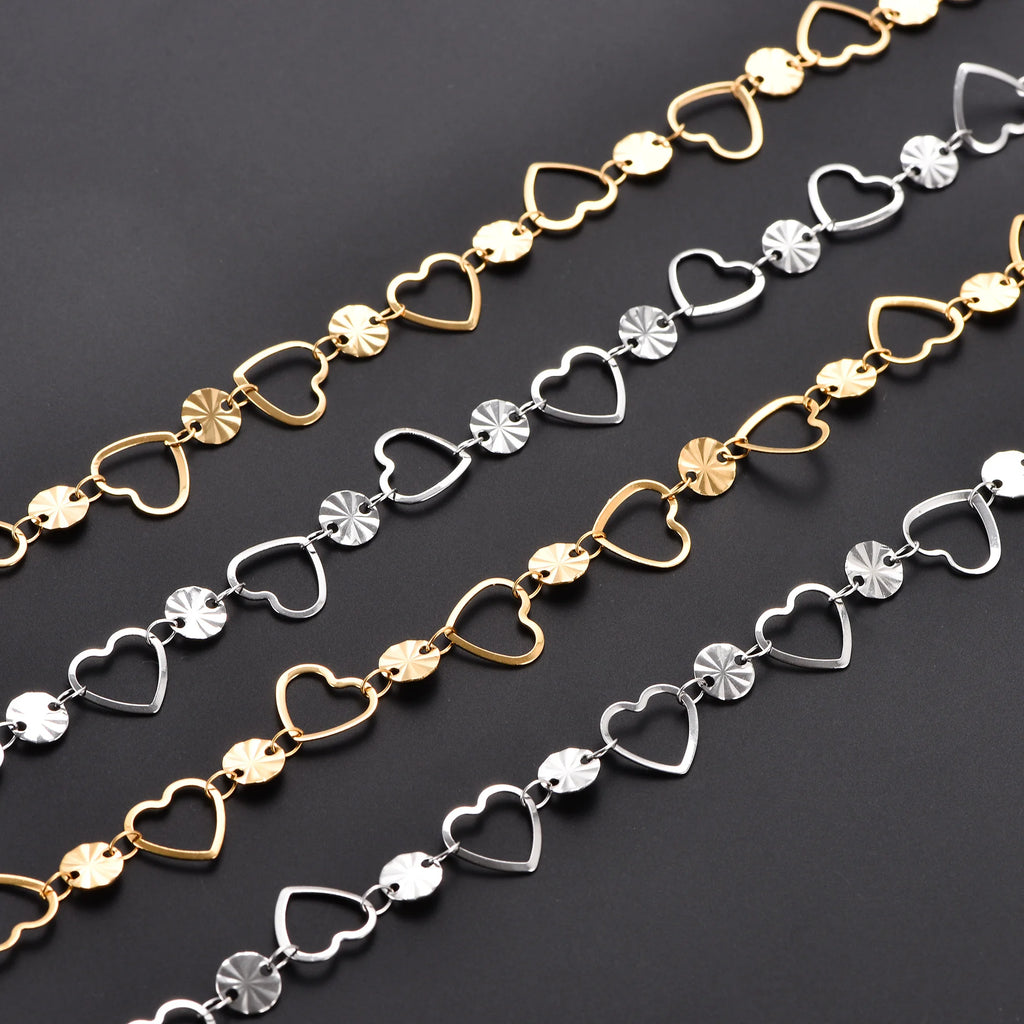 Cute Round Embossed Stainless Steel Heart Bracelet Link Hand Chain for Women Girl Wristband Bangle Anklets Metal Summer Jewelry