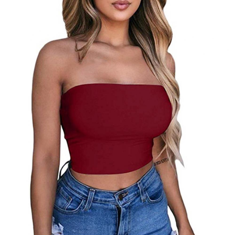 Club Bar Women Sexy Solid Color Vest Strapless Cropped Mini Bustier Slim Elastic Tube Top