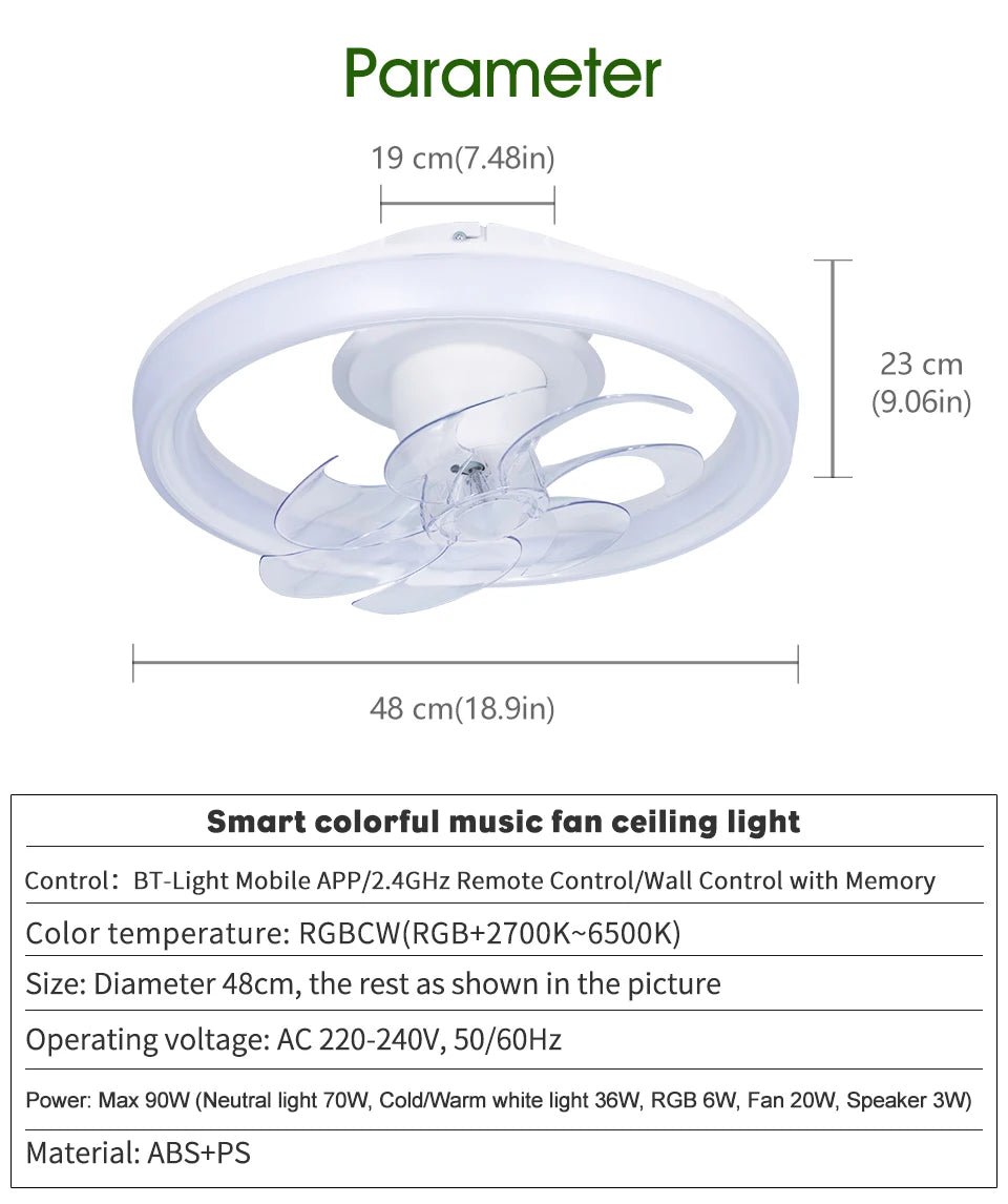 Ventilateur Plafonnier LED RGB 7 Pales – Bluetooth, Télécommande & Musique | BENEWTON