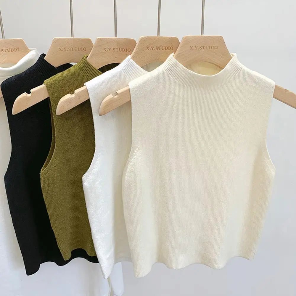 Hot Women's Vest Knitted Tank Top Solid Color Slim Sweater Half-turtleneck Spring Autumn Sleeveless T-Shirt Cropped Top Camisole