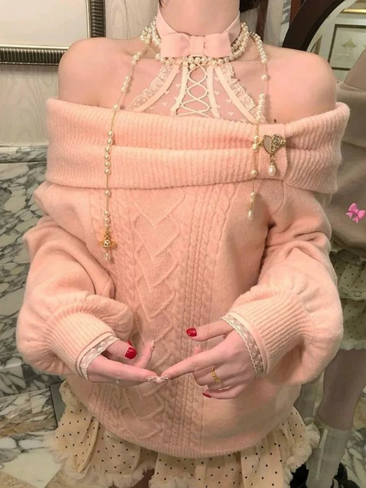 Pull Épaules Dénudées Nœud Femme – Tricot Y2K Sexy & Élégant Automne Hiver